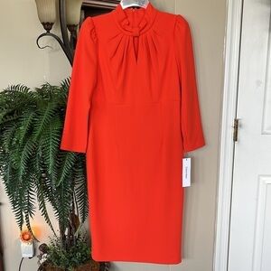 Brand New Calvin Klein Orange Tailored 3/4 Sleeve Midi Dress Gathered Neckline